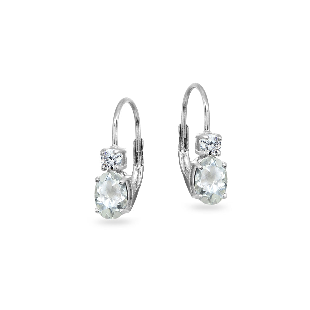 Sterling Silver Light Aquamarine 7x5mm Oval-Cut and 3mm Round-Cut CZ Dainty Leverback Earrings-2