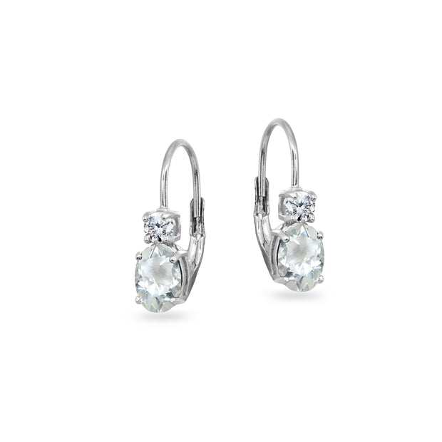 Sterling Silver Light Aquamarine 7x5mm Oval-Cut and 3mm Round-Cut CZ Dainty Leverback Earrings