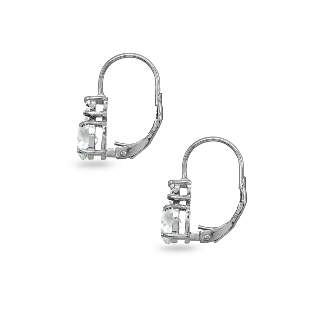Sterling Silver Light Aquamarine 7x5mm Oval-Cut and 3mm Round-Cut CZ Dainty Leverback Earrings-3