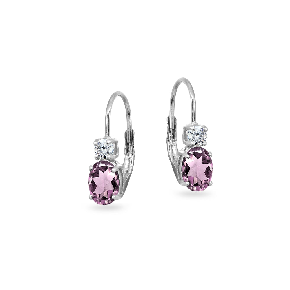 Sterling Silver Created Alexandrite 7x5mm Oval-Cut and 3mm Round-Cut CZ Dainty Leverback Earrings-2