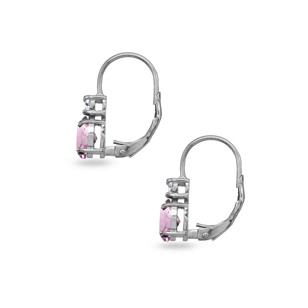 Sterling Silver Created Alexandrite 7x5mm Oval-Cut and 3mm Round-Cut CZ Dainty Leverback Earrings-3