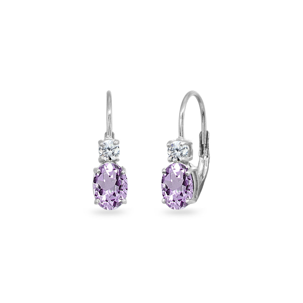 Sterling Silver Amethyst 7x5mm Oval-Cut and 3mm Round-Cut CZ Dainty Leverback Earrings