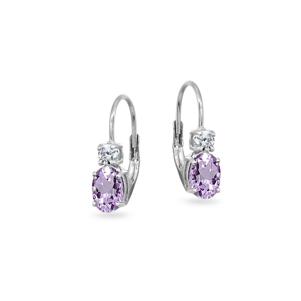 Sterling Silver Amethyst 7x5mm Oval-Cut and 3mm Round-Cut CZ Dainty Leverback Earrings-2