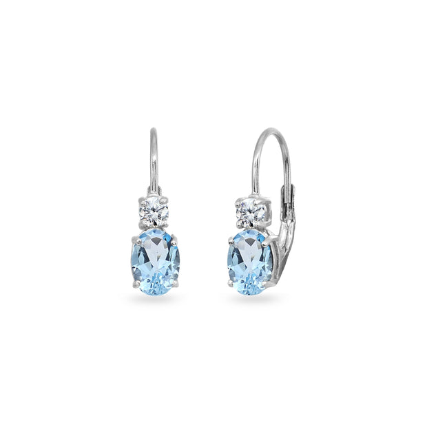 Sterling Silver Blue Topaz 7x5mm Oval-Cut and 3mm Round-Cut CZ Dainty Leverback Earrings