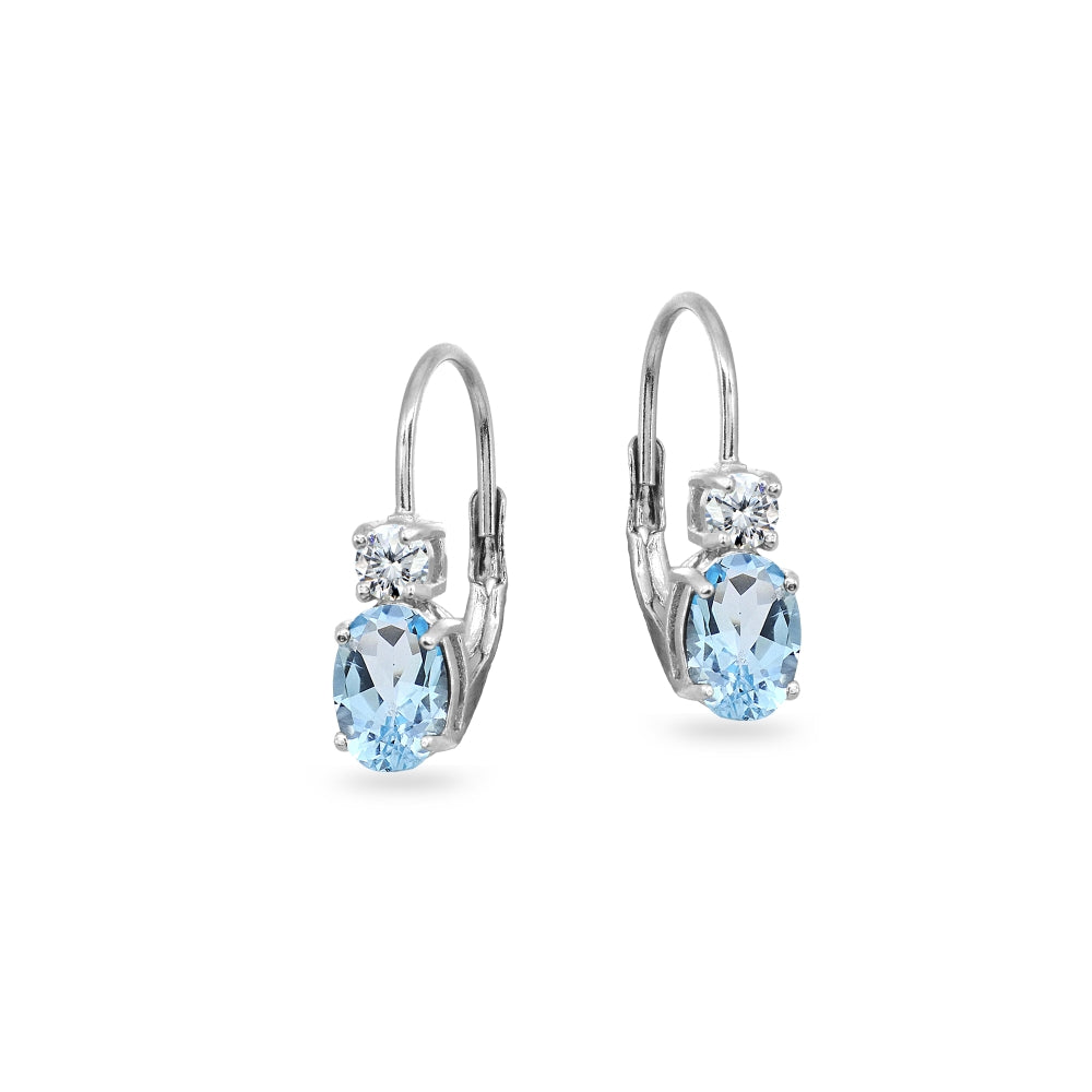 Sterling Silver Blue Topaz 7x5mm Oval-Cut and 3mm Round-Cut CZ Dainty Leverback Earrings-2