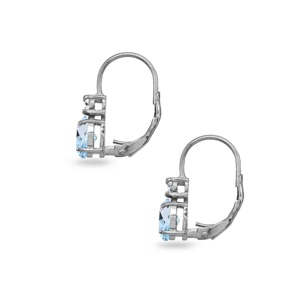 Sterling Silver Blue Topaz 7x5mm Oval-Cut and 3mm Round-Cut CZ Dainty Leverback Earrings-3