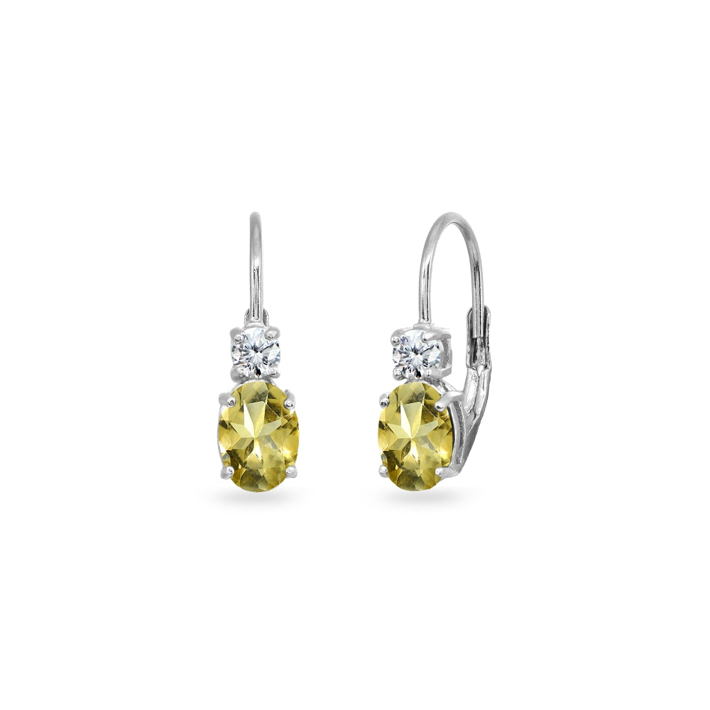 Sterling Silver Citrine 7x5mm Oval-Cut and 3mm Round-Cut CZ Dainty Leverback Earrings