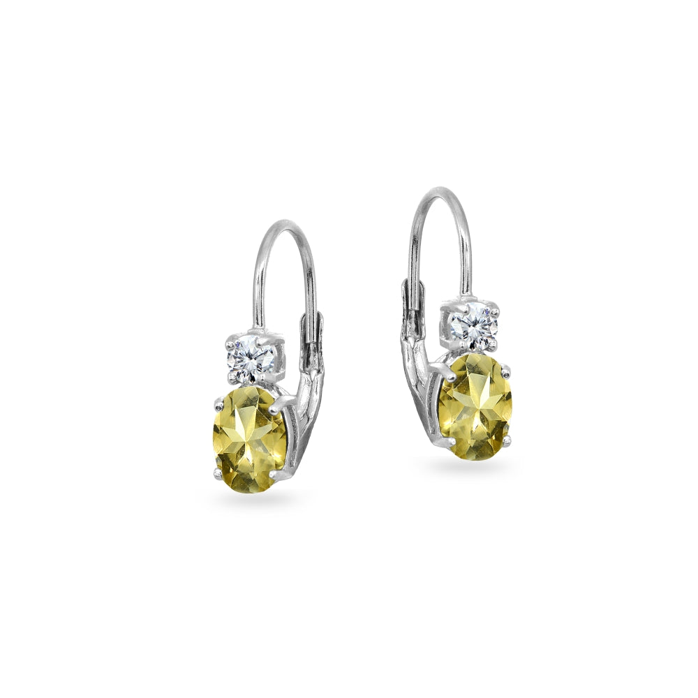 Sterling Silver Citrine 7x5mm Oval-Cut and 3mm Round-Cut CZ Dainty Leverback Earrings-2