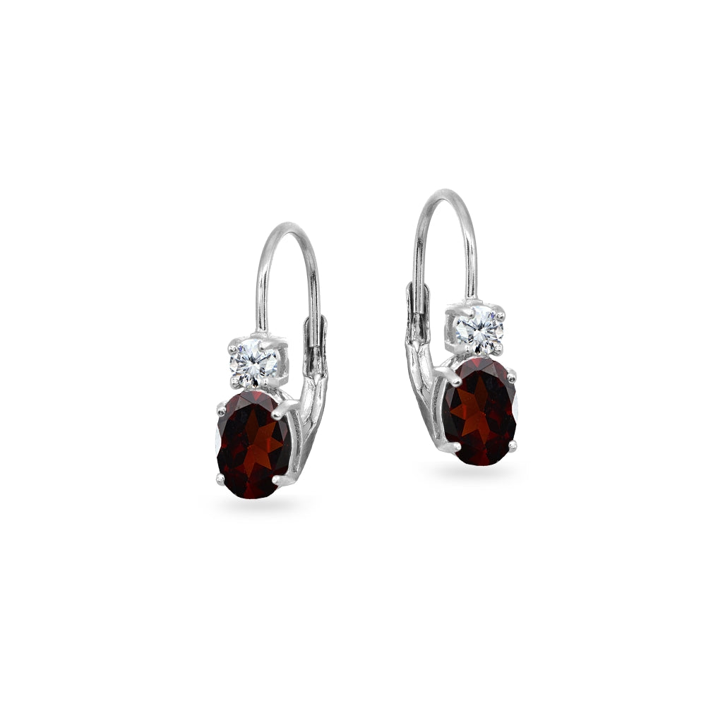 Sterling Silver Garnet 7x5mm Oval-Cut and 3mm Round-Cut CZ Dainty Leverback Earrings-2