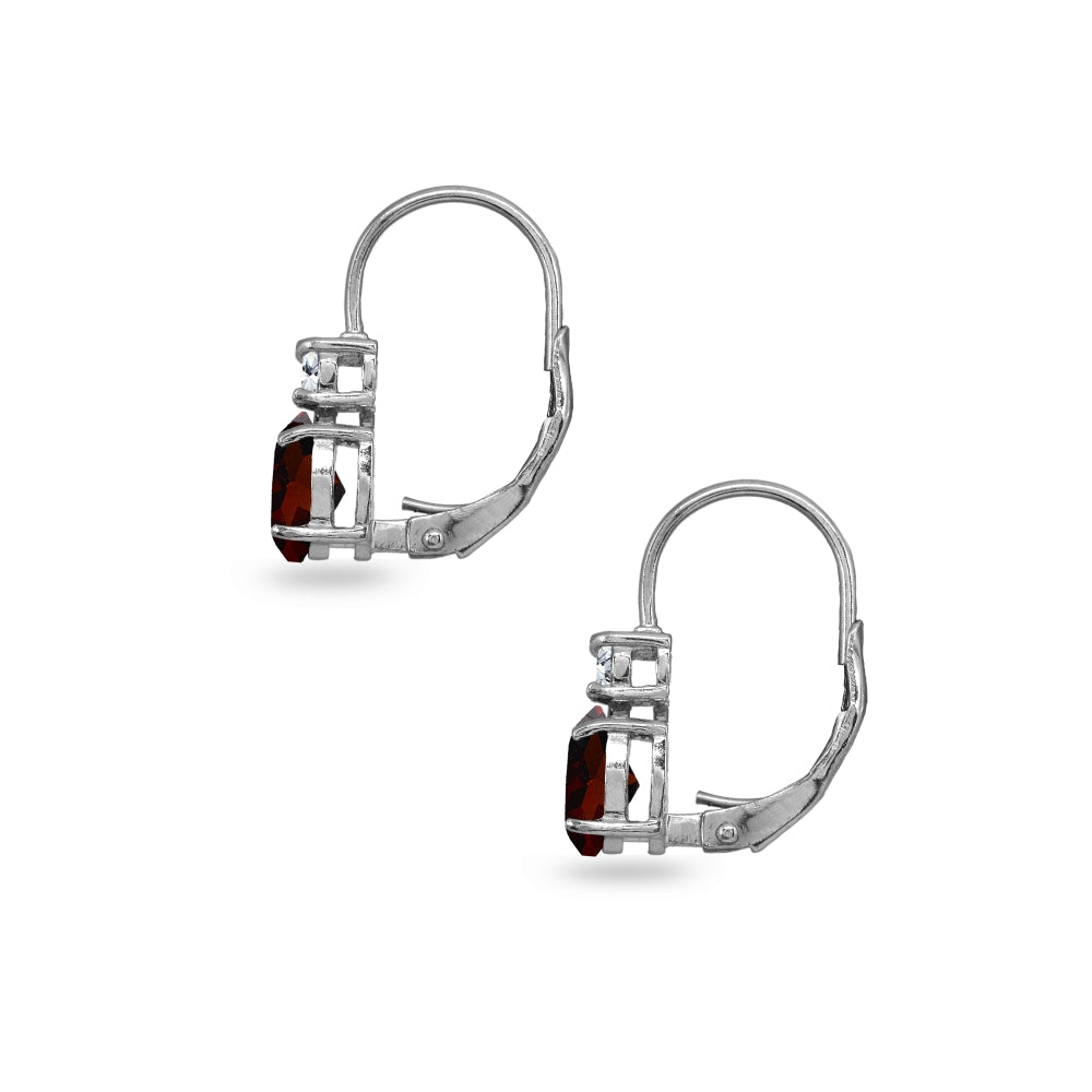 Sterling Silver Garnet 7x5mm Oval-Cut and 3mm Round-Cut CZ Dainty Leverback Earrings-3