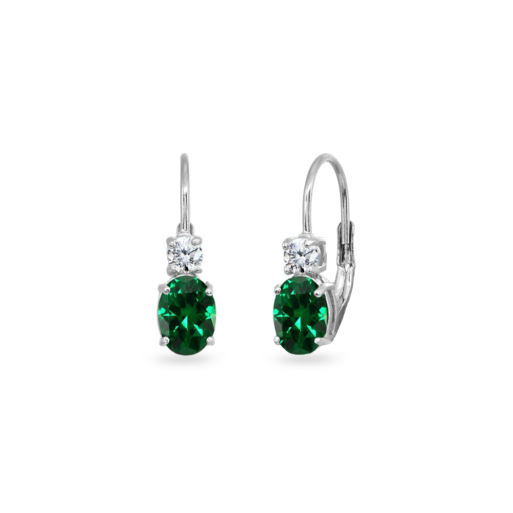 Sterling Silver Simulated Emerald 7x5mm Oval-Cut and 3mm Round-Cut CZ Dainty Leverback Earrings