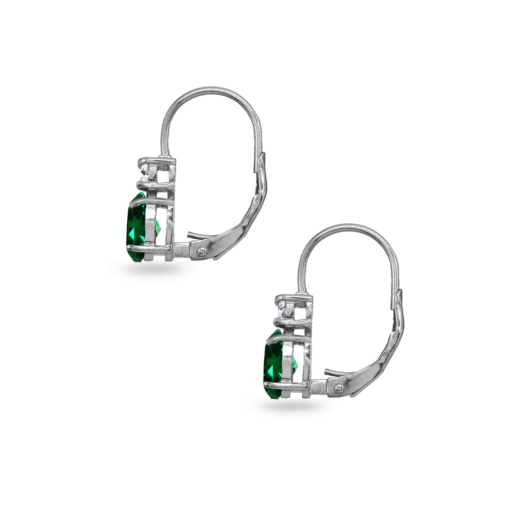 Sterling Silver Simulated Emerald 7x5mm Oval-Cut and 3mm Round-Cut CZ Dainty Leverback Earrings-3