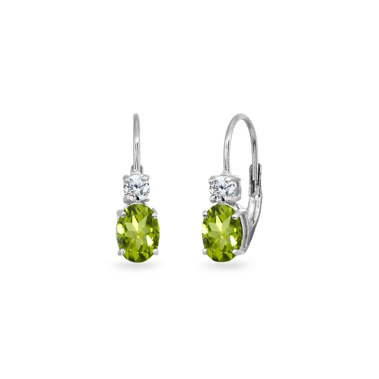 Sterling Silver Peridot 7x5mm Oval-Cut and 3mm Round-Cut CZ Dainty Leverback Earrings