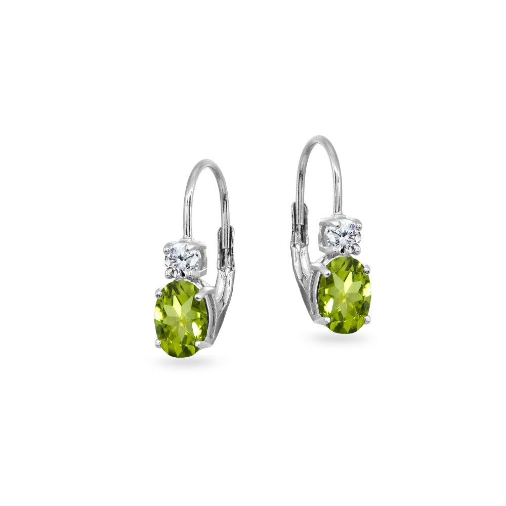 Sterling Silver Peridot 7x5mm Oval-Cut and 3mm Round-Cut CZ Dainty Leverback Earrings-2