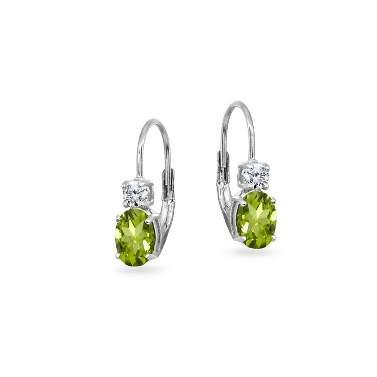 Sterling Silver Peridot 7x5mm Oval-Cut and 3mm Round-Cut CZ Dainty Leverback Earrings