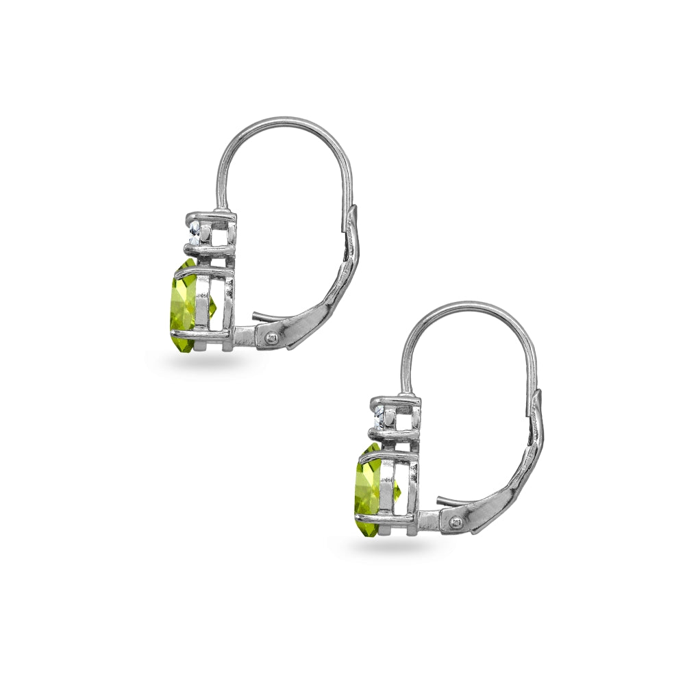 Sterling Silver Peridot 7x5mm Oval-Cut and 3mm Round-Cut CZ Dainty Leverback Earrings-3
