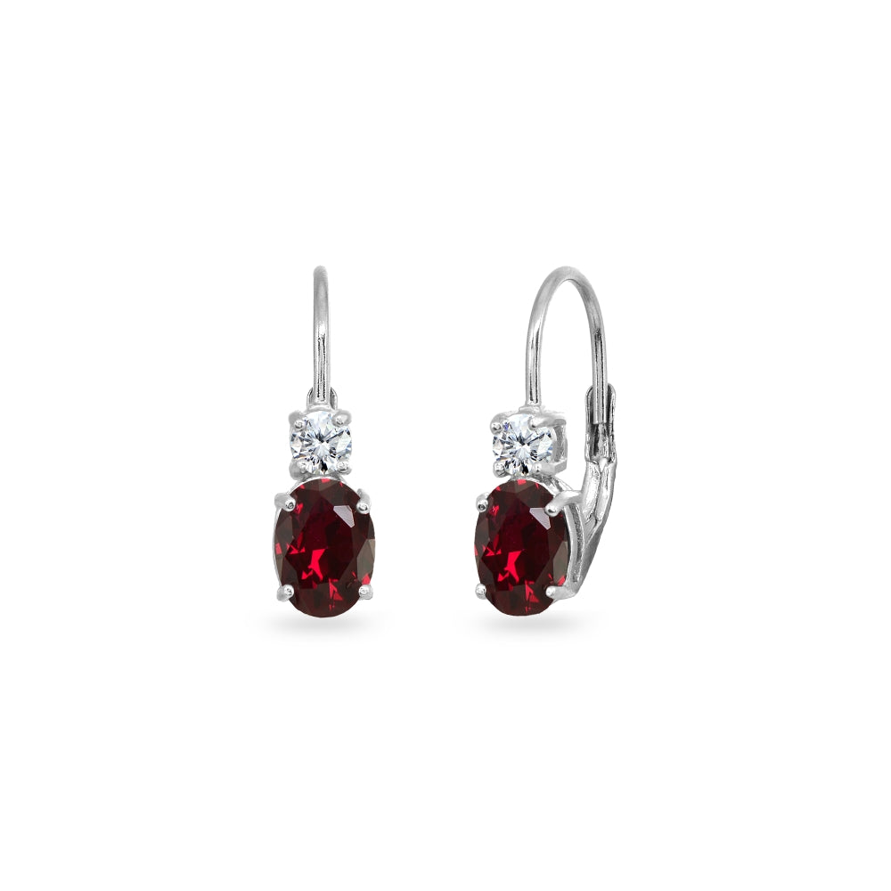 Sterling Silver Created Ruby 7x5mm Oval-Cut and 3mm Round-Cut CZ Dainty Leverback Earrings