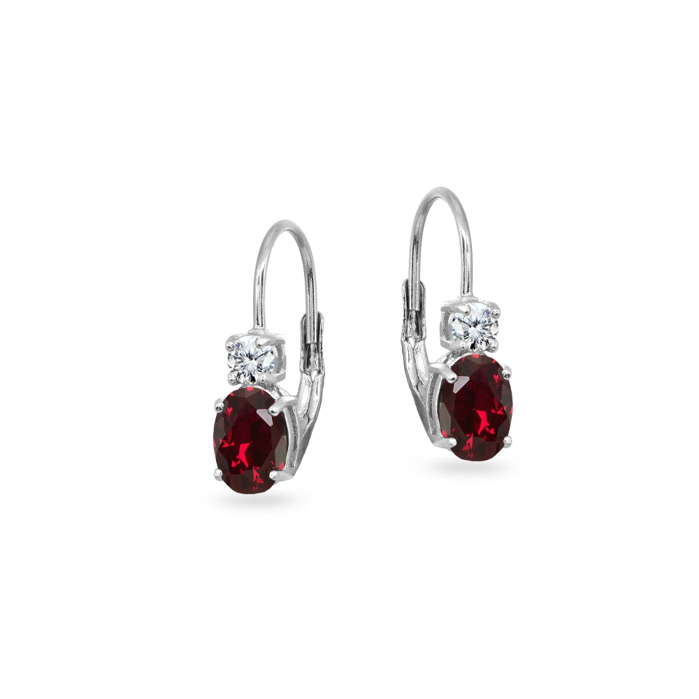 Sterling Silver Created Ruby 7x5mm Oval-Cut and 3mm Round-Cut CZ Dainty Leverback Earrings-2