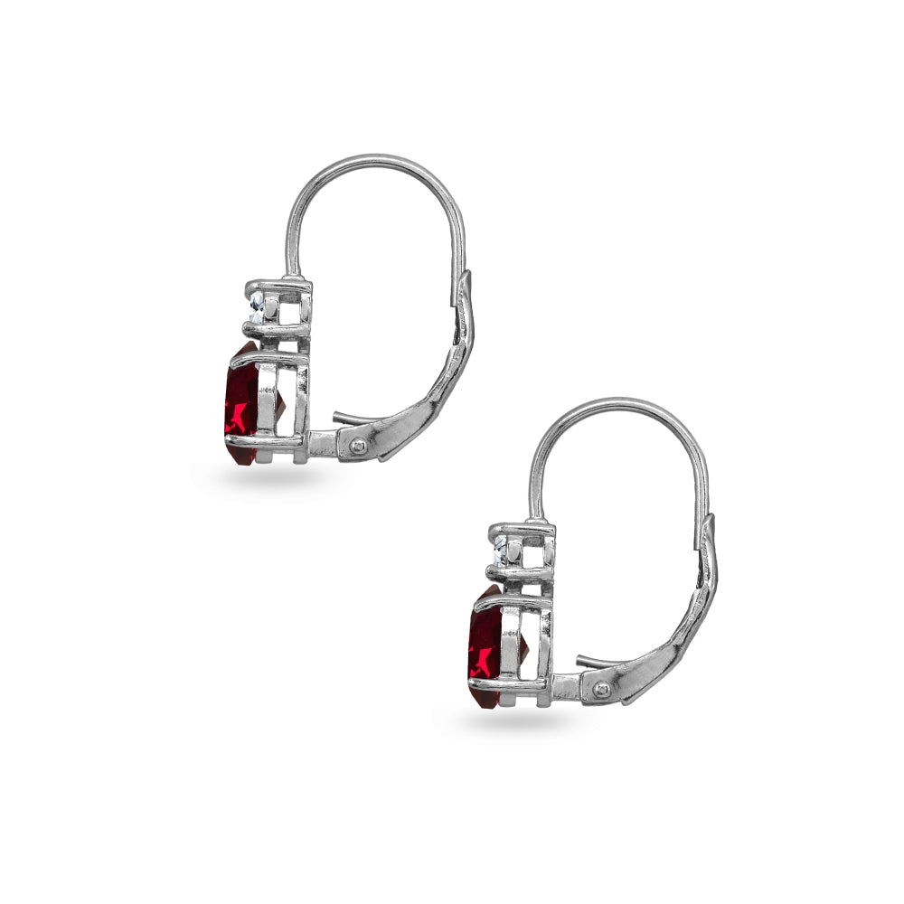 Sterling Silver Created Ruby 7x5mm Oval-Cut and 3mm Round-Cut CZ Dainty Leverback Earrings-3