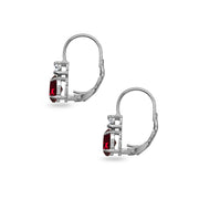 Sterling Silver Created Ruby 7x5mm Oval-Cut and 3mm Round-Cut CZ Dainty Leverback Earrings