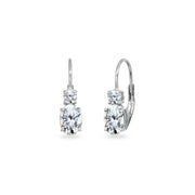 Sterling Silver Cubic Zirconia 7x5mm Oval-Cut and 3mm Round-Cut Dainty Leverback Earrings