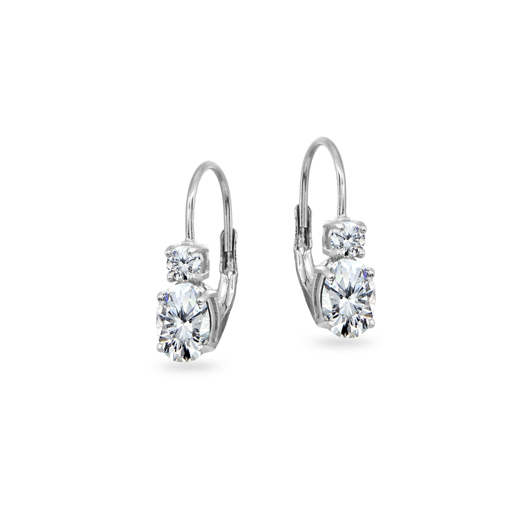 Sterling Silver Cubic Zirconia 7x5mm Oval-Cut and 3mm Round-Cut Dainty Leverback Earrings-2