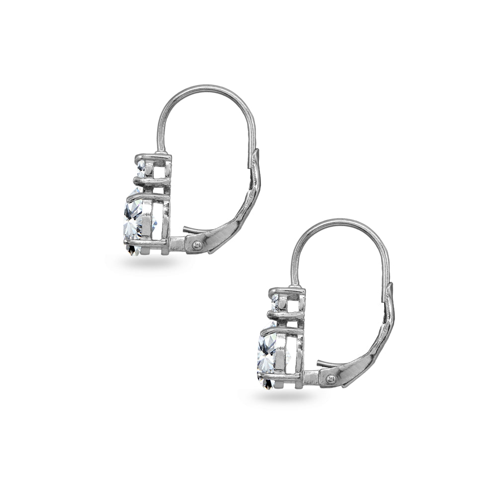 Sterling Silver Cubic Zirconia 7x5mm Oval-Cut and 3mm Round-Cut Dainty Leverback Earrings-3