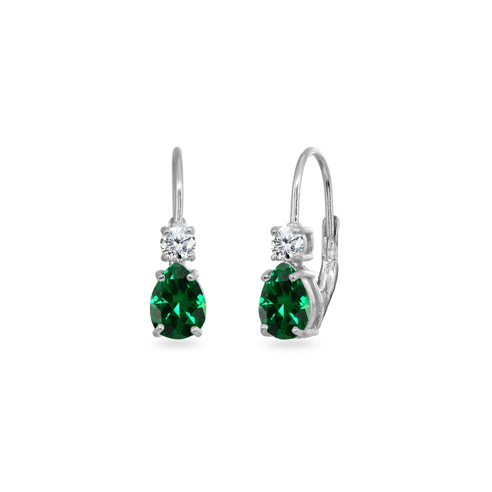 Sterling Silver Simulated Emerald 7x5mm Teardrop and 3mm Round-Cut CZ Dainty Leverback Earrings