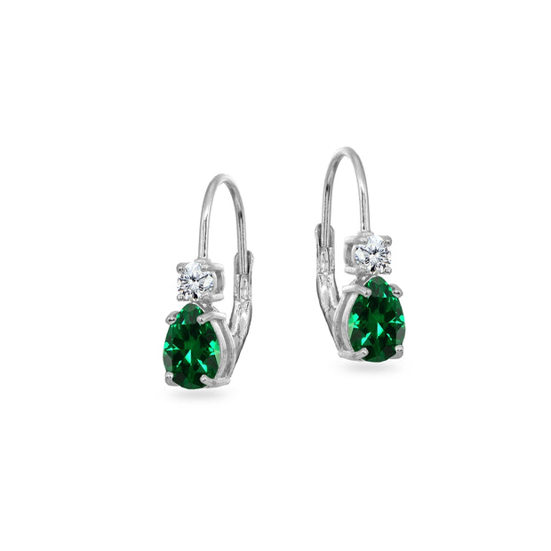 Sterling Silver Simulated Emerald 7x5mm Teardrop and 3mm Round-Cut CZ Dainty Leverback Earrings