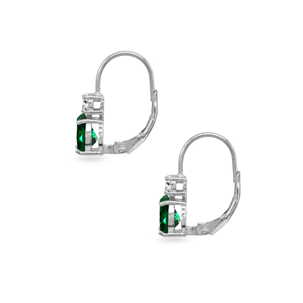 Sterling Silver Simulated Emerald 7x5mm Teardrop and 3mm Round-Cut CZ Dainty Leverback Earrings-3