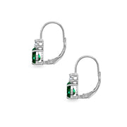 Sterling Silver Simulated Emerald 7x5mm Teardrop and 3mm Round-Cut CZ Dainty Leverback Earrings