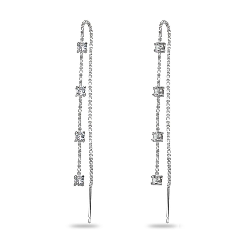 Sterling Silver Cubic Zirconia Round Long Dangle Chain Drop Wrap Tassel Threader Earrings