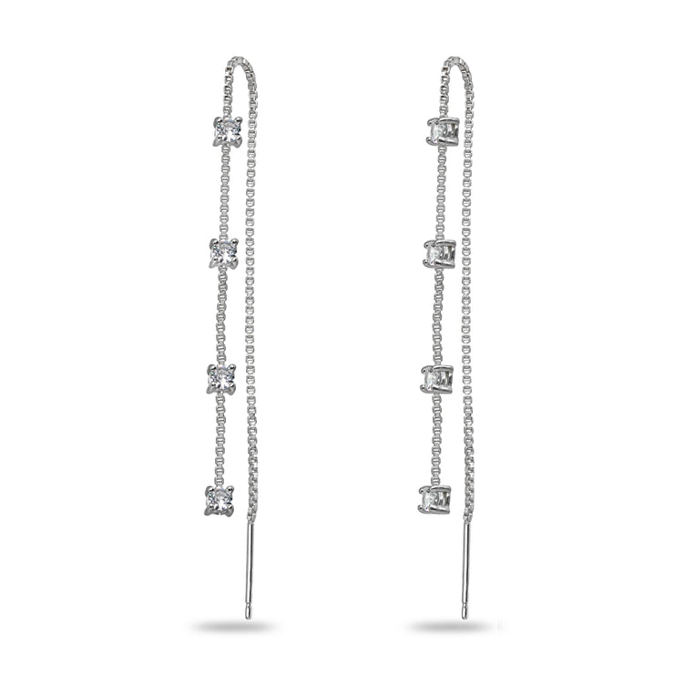 Sterling Silver Cubic Zirconia Round Long Dangle Chain Drop Wrap Tassel Threader Earrings