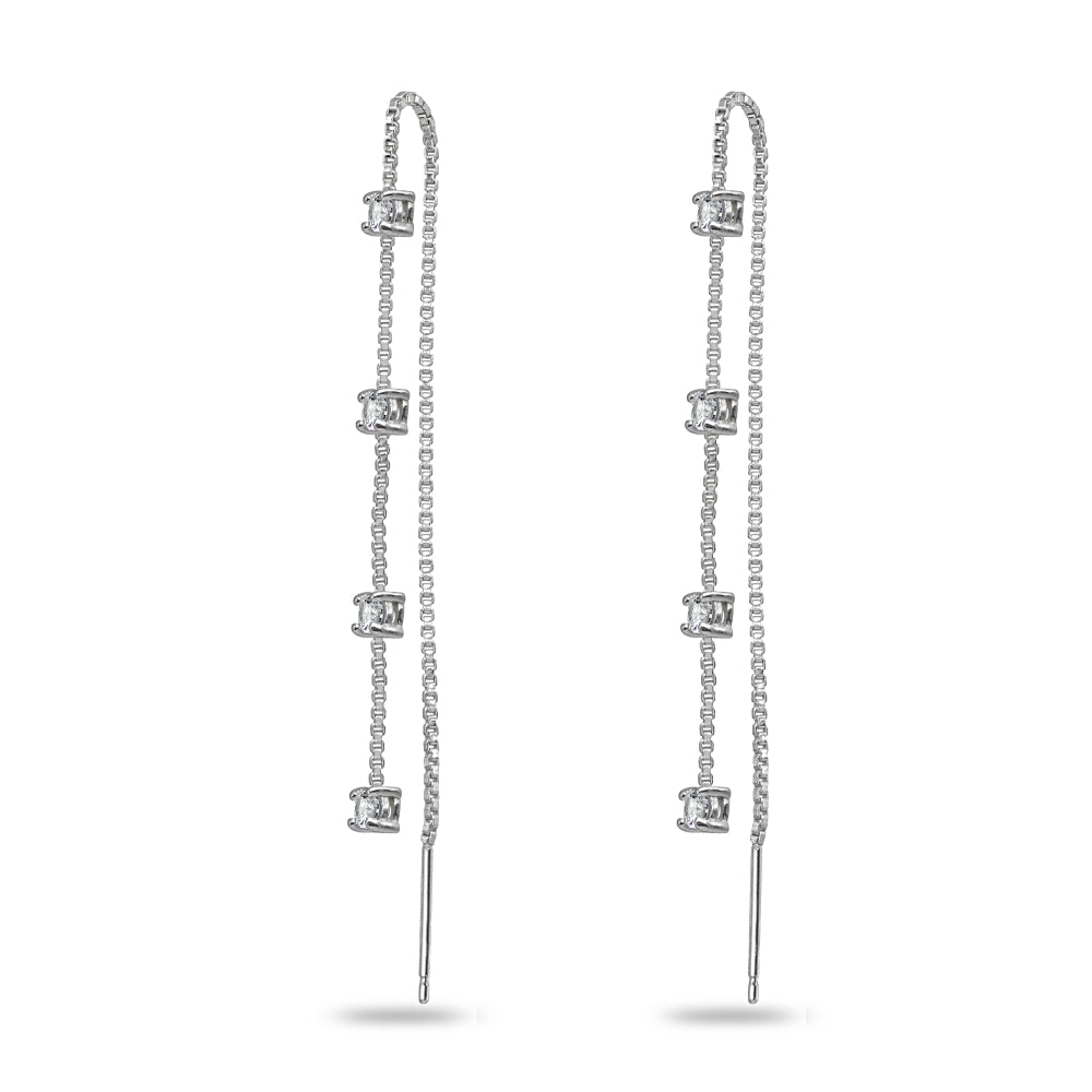 Sterling Silver Cubic Zirconia Round Long Dangle Chain Drop Wrap Tassel Threader Earrings-2