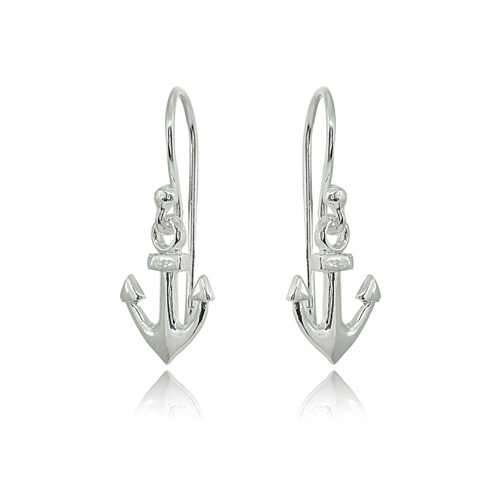 Sterling Silver Polished Anchor Nautical Navy Dangle Earrings