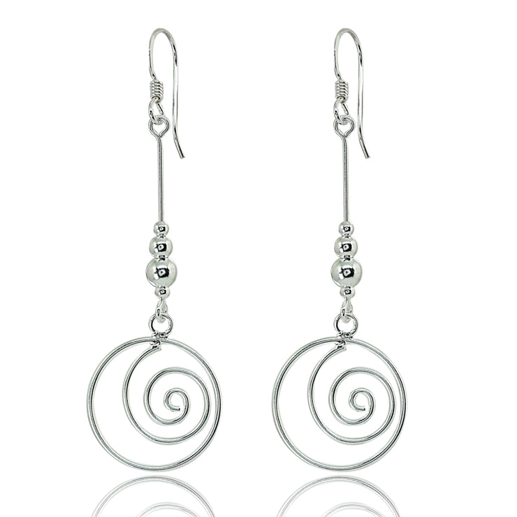 Sterling Silver Polished Spiral Swirl Beads Long Dangle Earrings