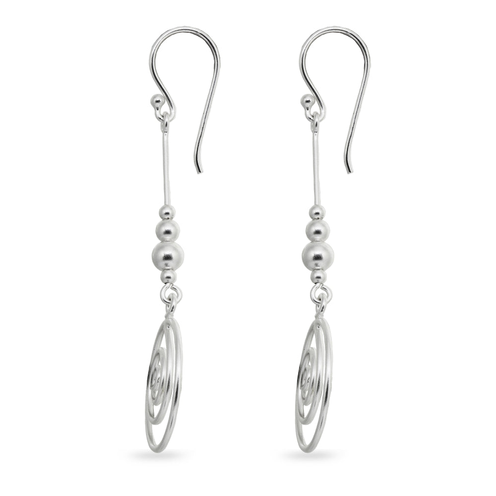 Sterling Silver Polished Spiral Swirl Beads Long Dangle Earrings-2