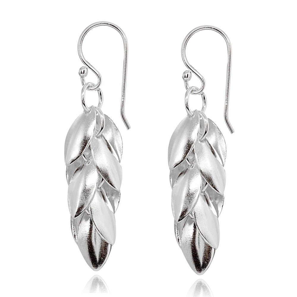 Sterling Silver Polished Leaf Petals Dangle Drop Earrings-2