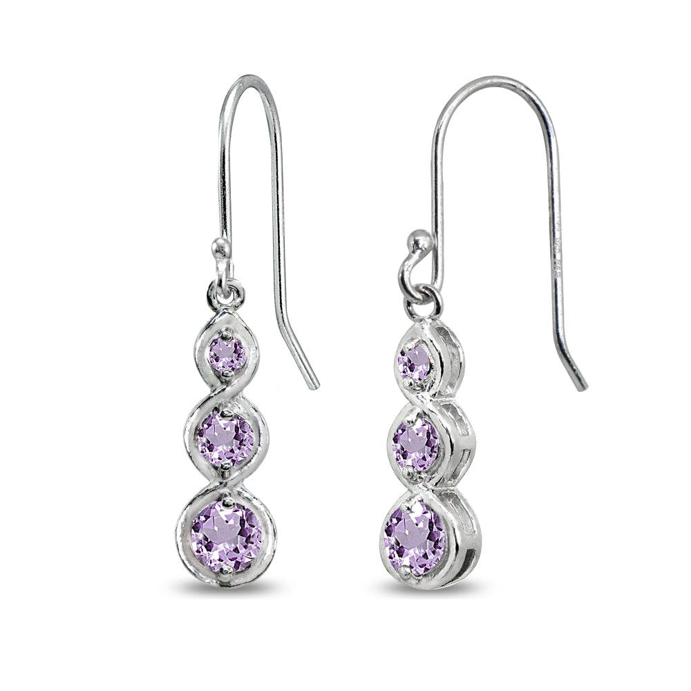 Sterling Silver Amethyst Round Three Stone Journey Infinity Dangle Earrings