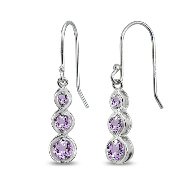 Sterling Silver Amethyst Round Three Stone Journey Infinity Dangle Earrings