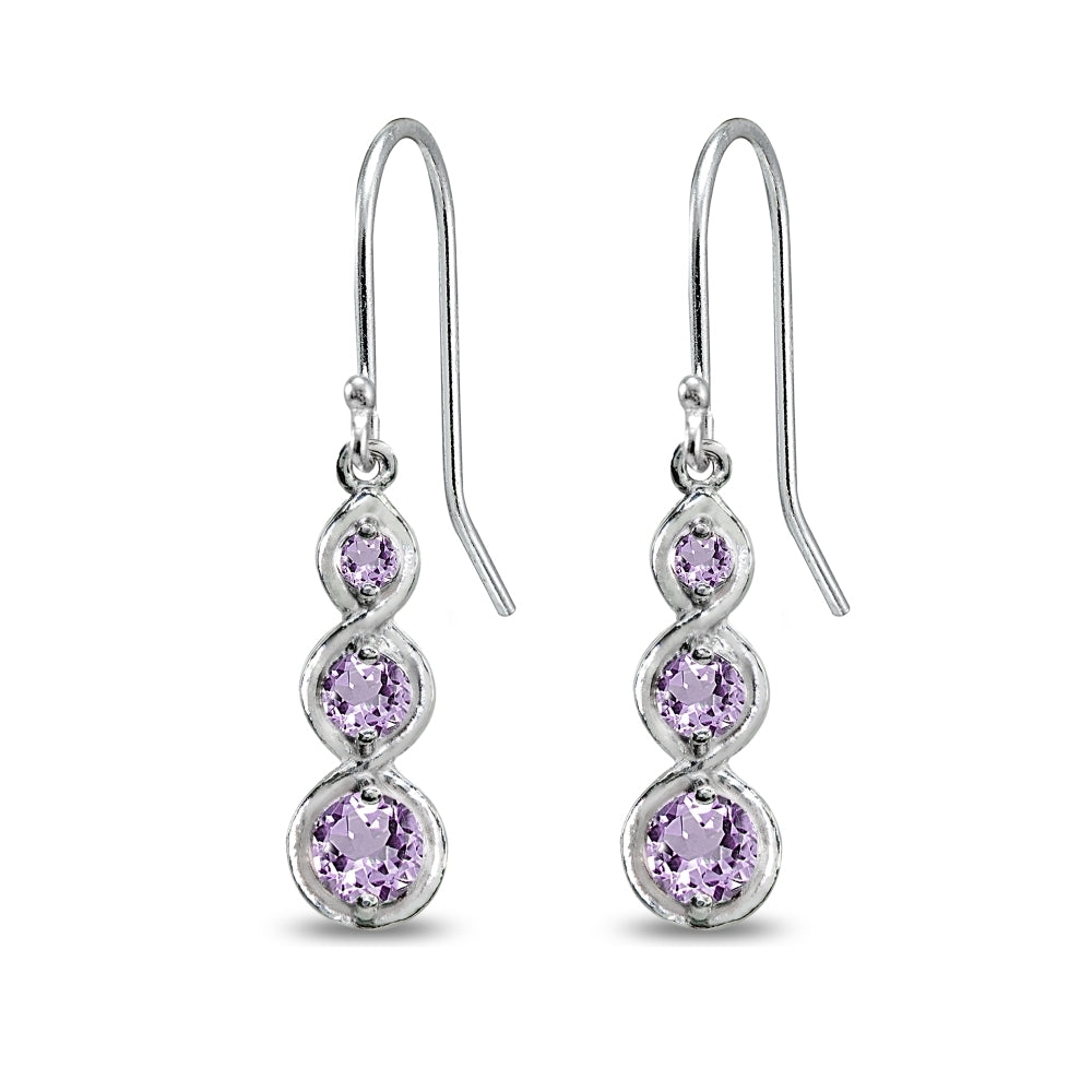 Sterling Silver Amethyst Round Three Stone Journey Infinity Dangle Earrings-3