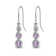 Sterling Silver Amethyst Round Three Stone Journey Infinity Dangle Earrings