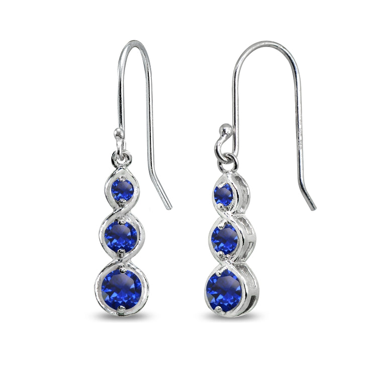 Sterling Silver Created Blue Spinel Round Three Stone Journey Infinity Dangle Earrings