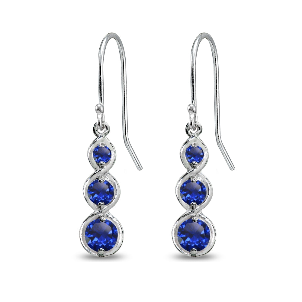 Sterling Silver Created Blue Spinel Round Three Stone Journey Infinity Dangle Earrings-3