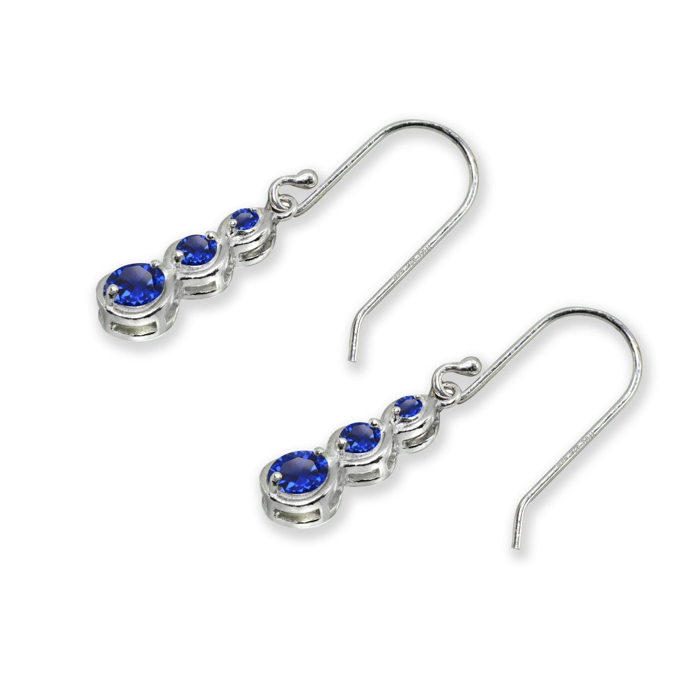 Sterling Silver Created Blue Spinel Round Three Stone Journey Infinity Dangle Earrings-4