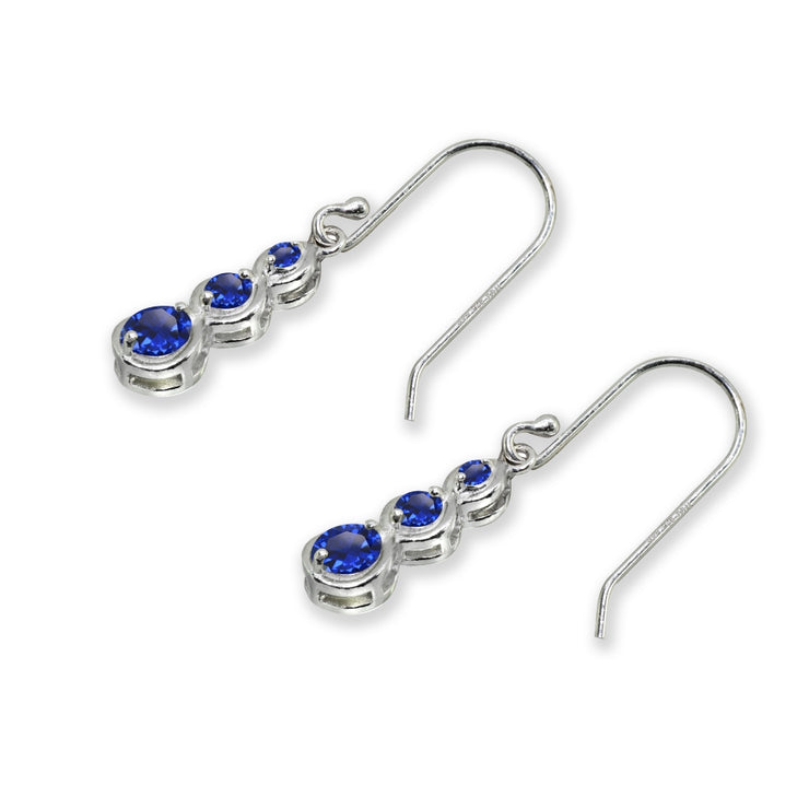 Sterling Silver Created Blue Spinel Round Three Stone Journey Infinity Dangle Earrings