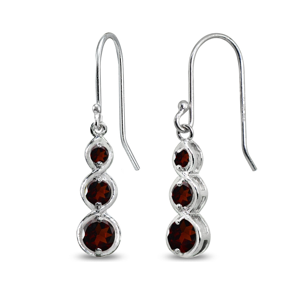Sterling Silver Garnet Round Three Stone Journey Infinity Dangle Earrings