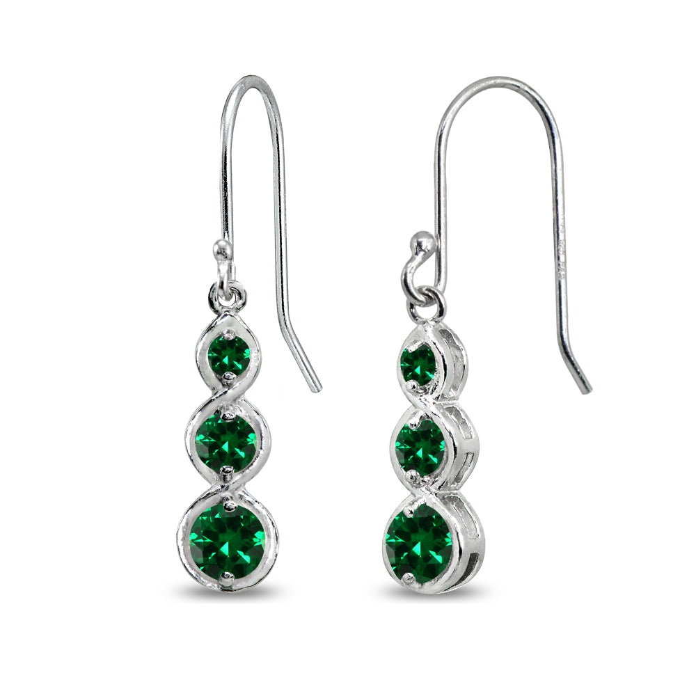 Sterling Silver Created Green Quartz Round Three Stone Journey Infinity Dangle Earrings