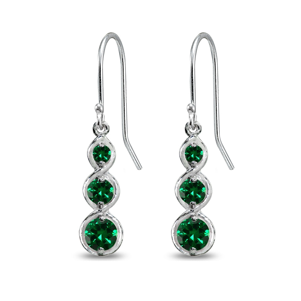 Sterling Silver Created Green Quartz Round Three Stone Journey Infinity Dangle Earrings-3