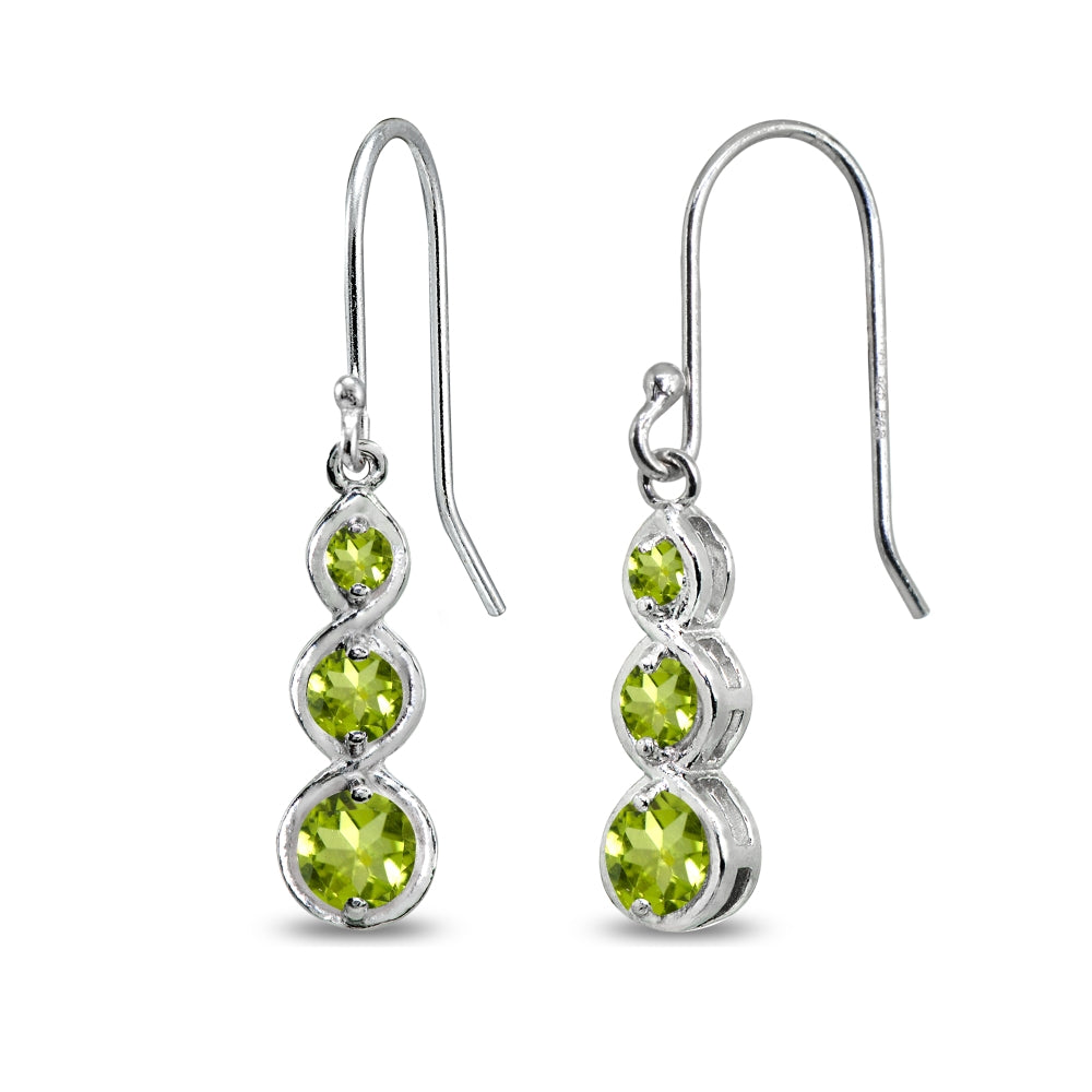 Sterling Silver Peridot Round Three Stone Journey Infinity Dangle Earrings